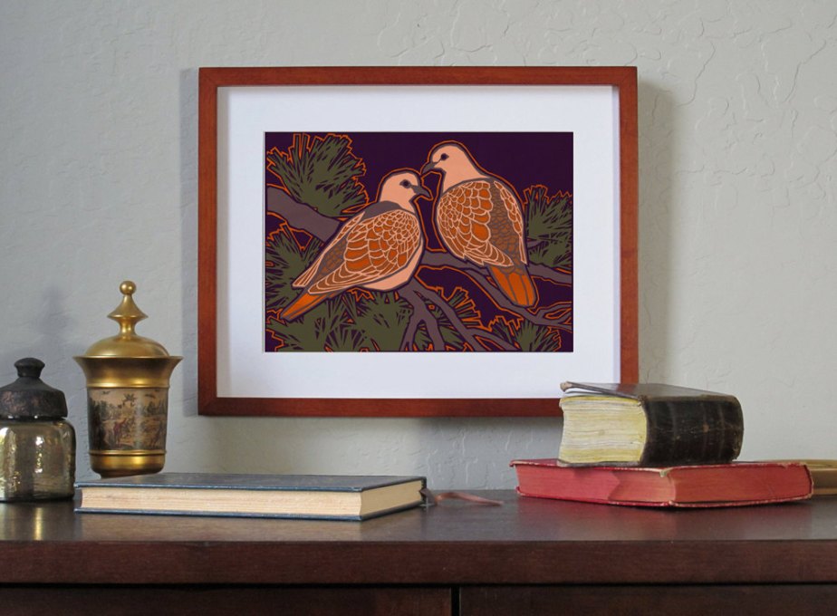 Two Turtle Doves - Fine Art Print - 2 Sizes - Available as an Art Block or a Print with a Free Custom-Cut Mat (PVAL2013028) by tornpaperco