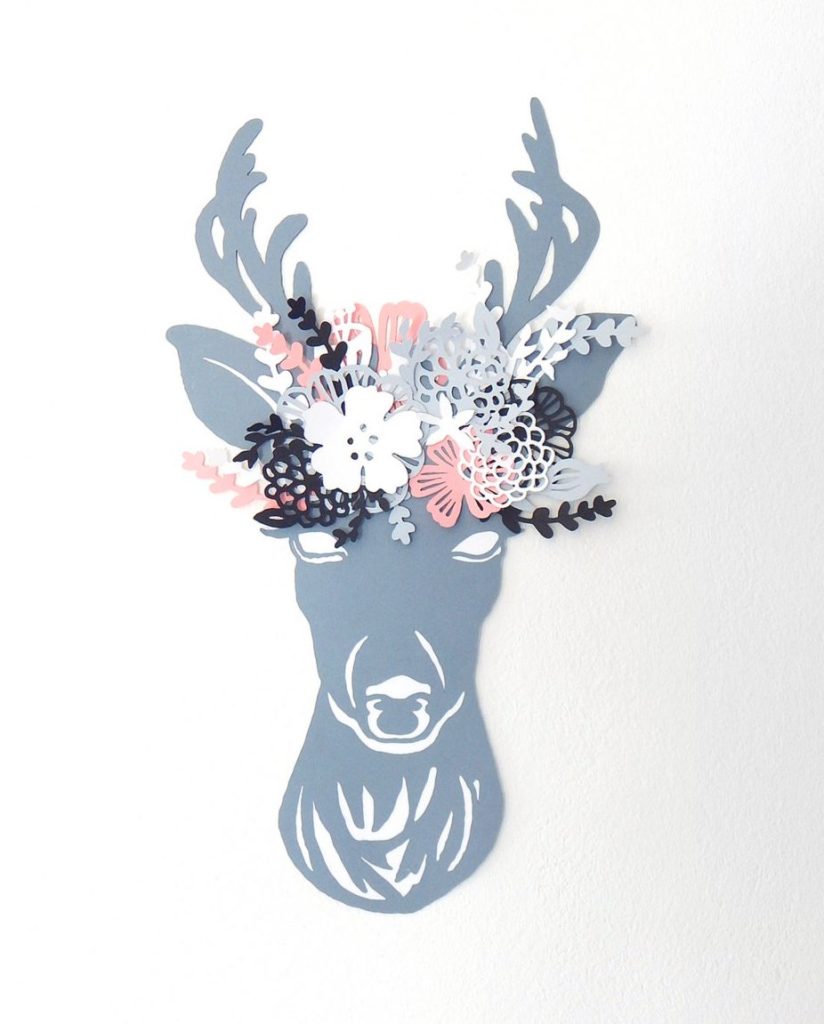 Deer head paper cut. Deer with flowers paper art. Deer paper cutout. Antlers paper cutting. Faux taxidermy paper art. Deer head wall decor. by DecorAsylum