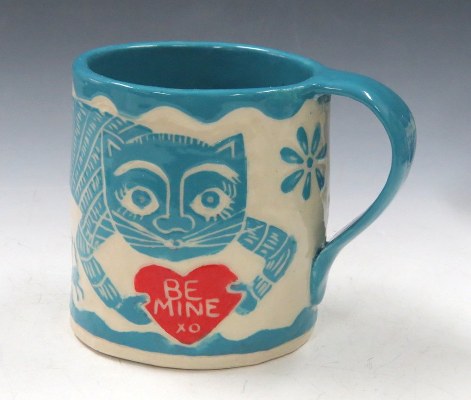 Valentine's Day - Sgraffito CAT MUG Art Pottery,Runaway Mouse - Turquoise LOVE Note,Coffee Tea Cup Mug - Mexican Folk Art Inspired by TheClayBungalow